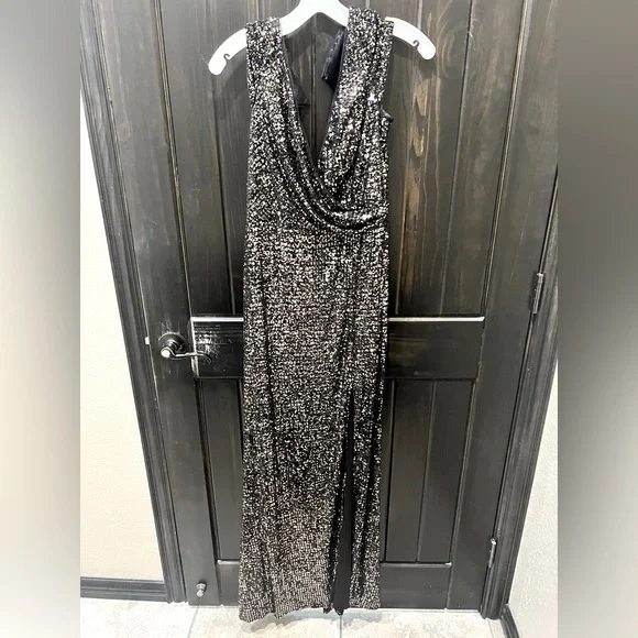 black and gold dresses for wedding guest Handcrafted Fringe Sequin Halter Gown Black GOLD / 5XL main image 1